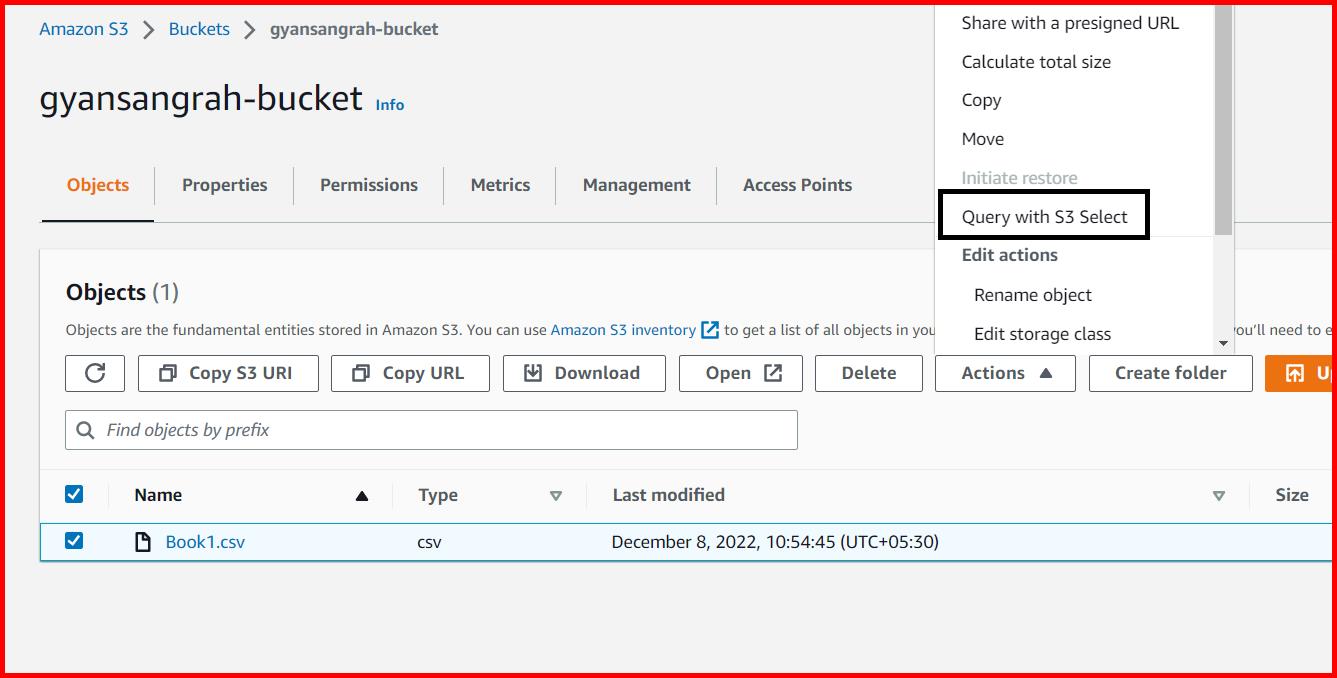 Picture showing the Query with S3 Select menu
